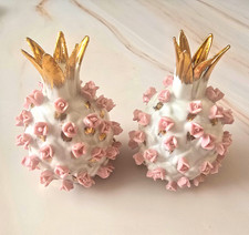 Vintage Lefton Japan Pink Rose Pineapple Salt Pepper Shakers KW3053 Gold Trim picture