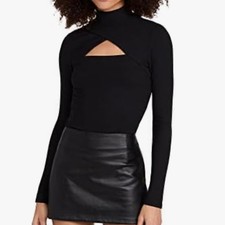 Paige Sonata Top Black Rib Knit Cross Cutout Long Sleeve Mock Neck Shirt Black L picture