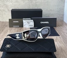 CHANEL Women's Black & White Cat Eye Sunglasses Black Tinted Lenses Logo picture