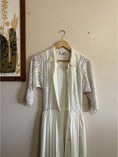 Vintage 1940s Flobert Ivory Hostess Gown Maxi Dress Lace Panels Button Front XS picture