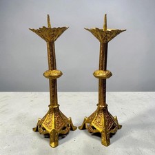 Pair of Antique French Ornate Brass Pricket Candlesticks Gothic Revival c. 1900 picture