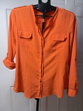 Calvin Klein Women's Orange Solid V-Neck Button Front Blouse Long Sleeve L picture