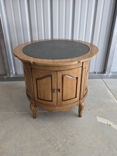 VINTAGE MID CENTURY THOMASVILLE ROUND WOOD SIDE TABLE  T-55-7135-11 W/ SLATE TOP picture