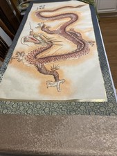 Vintage Japanese Style Dragon Hanging Scroll Silk Brocade Wall Art Signed picture