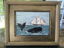 EK Signed Framed Original Nautical Folk Art Ship And Whale Painting picture