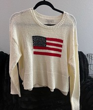 francesca's Women's Ivory Knit American Flag Crewneck Pullover Sweater L picture
