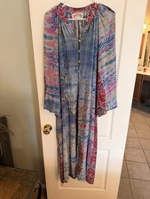 Kantha Bae Woodstock Duster Dress Crepe Sari Pink Blue Boho Free Size OOAK picture