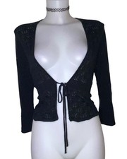 90s Y2k Womens Black Knit Crochet Cardigan Top Sz XL Cottagecore Coquette Kawaii picture