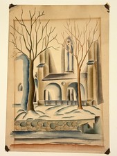 1926 Orig Cubist DECO Gothic Church Winter Watercolor Glassgold NYC Snow COLORS picture