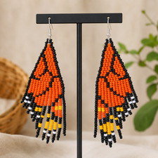 Handmade Monarch Butterfly Beaded Earrings – Guatemalan Artisan Statement Fringe picture