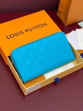 Luis Style Sky Blue Monogram Zippy Long Wallet Embossed Leather Zip Around New picture