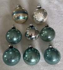 Vintage Aqua/Teal /Silver Snowflake, Stripe Solid Christmas USA Glass Ornaments picture