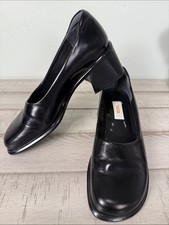 Talbots Vintage Black Leather Square Toe Block Heel Pumps Corporate Chic 90s Y2K picture