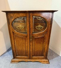 Antique OAK  PIPE SMOKERS CABINET W/ BEVELED GLASS DOORS - ENGLAND picture