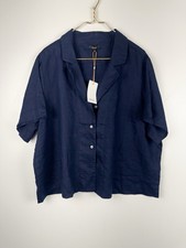 Quince Womens 2X NWT 100% Linen Navy Notch Collar Short Sleeve Button Down Top picture