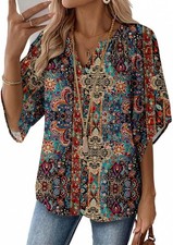 Womens Boho Floral Blouse 3/4 Sleeve V Neck Casual Loose Fit Tunic Shirts Tops picture