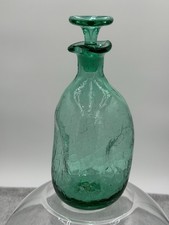 1968 BLENKO #49 Crackle Glass Pinch Decanter with Stopper Aqua Sea Green 10.5