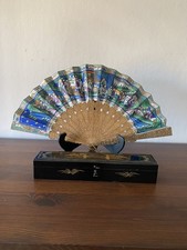 Antique 19th century China Canton sandalwood carved thousand-face fan with box picture
