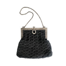 Antique Evening Bag Edwardian Purse Black Crochet Silver Etched Frame 1900s picture