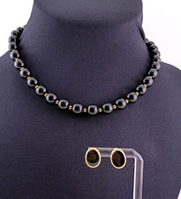 Vintage Signed Monet Necklace & Black Bezel-Set Onyx Earring Jewelry Set picture