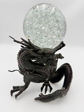 Chinese Dragon Sculpture Holding Bubble Glass Orb Patinated Cast Metal Vintage picture