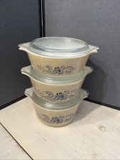 Vintage Set Pyrex Homestead Blue Cinderella Casserole Bowls #471 472 473 w Lids picture