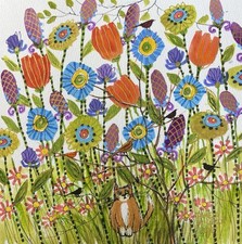 Pamela Wilhelm original 7x7” Watercolor Whimsical Garden Flower Cat Green Purple picture