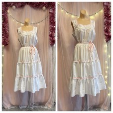 Vintage 70s 80s Prairie Dress White Pink Victorian Edwardian Boho Cotton M/L picture