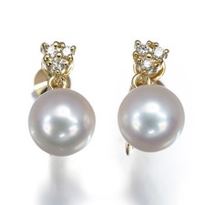 Auth Mikimoto Earrings Akoya Pearl 7.2mm Diamond Drop 18K 750 Yellow Gold picture