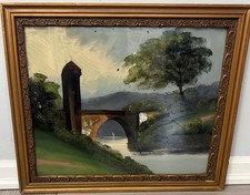 Antique 19th C  Verre Eglomise Reverse Glass Painting Landscape Gilt Frame 23x19 picture