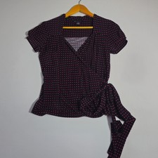 Inc International Concepts Wrap Blouse Top Womens Small Black Pink Polka Dot picture