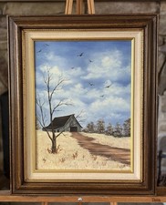 Original Vintage Oil by Cindy Abel Framed Signed Americana Barn Landscape 17x21” picture