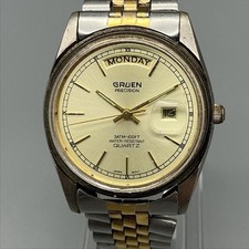 Vintage Gruen Mens Watch 32mm Champagne Dial Two Tone Day Date New Battery 6.75