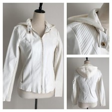 GBG Guess Womens sz Small Ivory Faux Leather Zip Pockets Rib Inserts Hood Jacket picture
