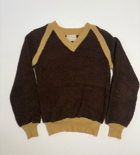Vintage 70s Brown Terry Loop Knit V-Neck Pullover Sweater Women's Medium picture