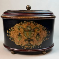 Vintage Chinoiserie Hand Painted Wooden Oval Box Urn Lidded Footed Chest picture