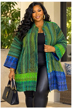 Rara Avis by Iris Apfel Women's Striped Quilted Button Front Jacket Green/Blue picture