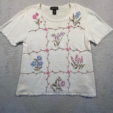 Vintage Salon Studio Floral Embroidered Knit Top Short Sleeve L Cottagecore picture