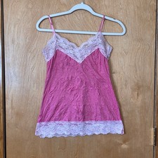 Vintage Y2K Two Tone Pink Crinkle Lace Trim Camisole Top Sz S Adjustable Straps picture