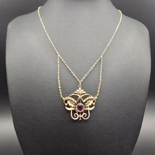 Antique 14K Gold Art Nouveau Amethyst Seed Pearl Pendant Necklace  picture