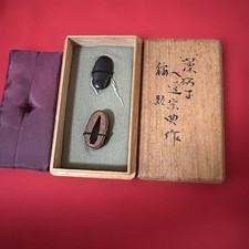 Edo Japanese Fuchi Kashira Set Signed Soten Style Sword Fittings Wood Box picture