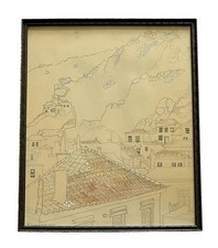 Millicent Tomkins 1974 Drawing Hydra Greece Hillside Architecture⁠ Signed Framed picture
