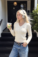 Polo Ralph Lauren Women’s Ivory Cable Knit V-Neck Sweater M NWT QR Authenticate picture
