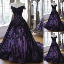 Gothic Black Purple Wedding Dresses Off Shoulder  Lace Appliques Bridal Gowns picture
