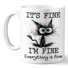 Funny Black Cat Coffee Mug 11oz – “It’s Fine, Everything Is Fine” Text Design, C picture
