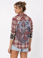 New Mountain Girl Clothing Button Down Top OOAK Plaid Skeleton Roses Size XS? S? picture