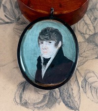 Antique French Man Miniature Portrait Painting Mourning Memento w/ Hair 19th C. picture