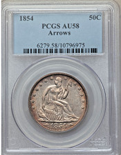1854 SEATED LIBERTY HALF DOLLAR WITH ARROWS PCGS AU58 RIM TONED #KR18-3 picture