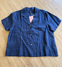 Quince 100% European Linen Short Sleeve Button Down Shirt Navy Blue Medium picture