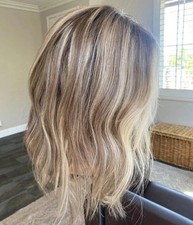Human Hair New Fashion Layered Long Natural Golden Brown Wavy Women's Wigs 14in picture